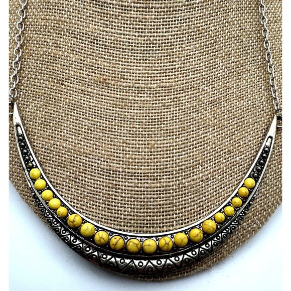 Boho Inspired Silver Tone Necklace Yellow Beads Tribal Pattern Free Spirit - Picture 1 of 8